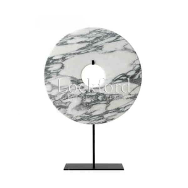 Lockford Round Marble Disk on Stand - White Grey Marble